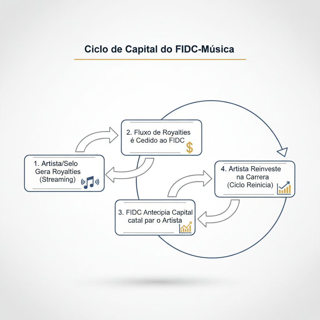 Diagrama de fluxo (flowchart) elegante e autoexplicativo, intitulado Ciclo de Capital do FIDC-Música. O diagrama deve mostrar as seguintes etapas em sequência, conectadas por setas: 1. Artista/Selo Gera Royalties (Streaming) -> 2. Fluxo de Royalties é Cedido ao FIDC -> 3. FIDC Antecipa Capital para o Artista -> 4. Artista Reinveste na Carreira (Ciclo Reinicia). Usar ícones simples para cada etapa (ex: nota musical, cifrão, gráfico de crescimento).