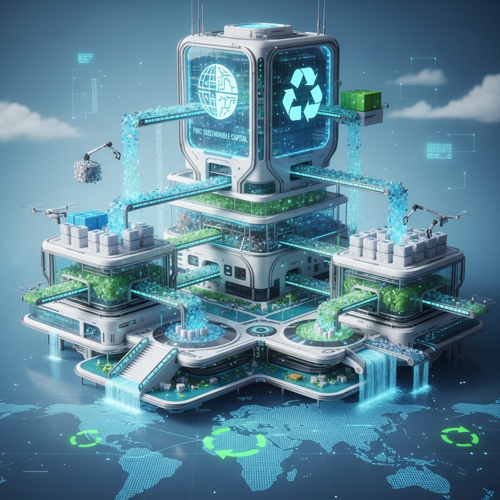 Imagem conceitual que funde a imagem de um ecossistema de reciclagem (esteiras, materiais sendo separados) com a estrutura arquitetônica de um FIDC. A estética deve ser limpa, moderna e tecnológica, com tons de verde, azul e branco, simbolizando a fusão da sustentabilidade com o mercado de capitais.