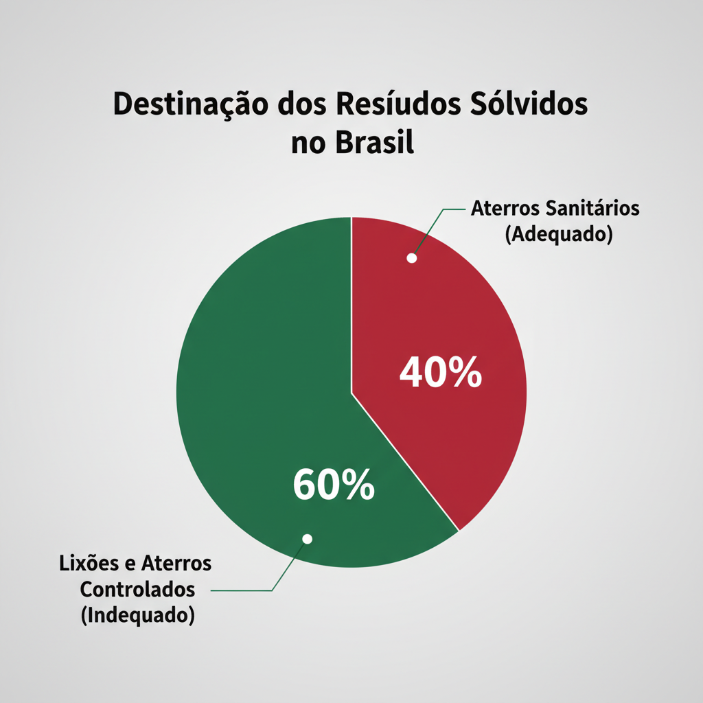 Gráfico de pizza (pie chart) claro e profissional, intitulado Destinação dos Resíduos Sólidos no Brasil. As fatias devem ser: Aterros Sanitários (Adequado) com 60% (cor verde) e Lixões e Aterros Controlados (Inadequado) com 40% (cor vermelha). Cada fatia deve ter o rótulo e a porcentagem claramente visíveis.