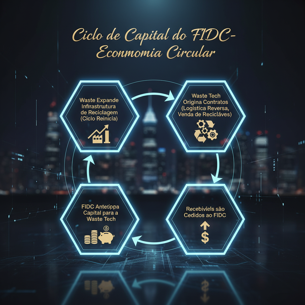 Diagrama de fluxo (flowchart) elegante e autoexplicativo, intitulado Ciclo de Capital do FIDC-Economia Circular. O diagrama deve mostrar as seguintes etapas: 1. Waste Tech Origina Contratos (Logística Reversa, Venda de Recicláveis) -> 2. Recebíveis são Cedidos ao FIDC -> 3. FIDC Antecipa Capital para a Waste Tech -> 4. Waste Tech Expande Infraestrutura de Reciclagem (Ciclo Reinicia). Usar ícones simples para cada etapa (ex: ícone de reciclagem, cifrão, gráfico de crescimento).