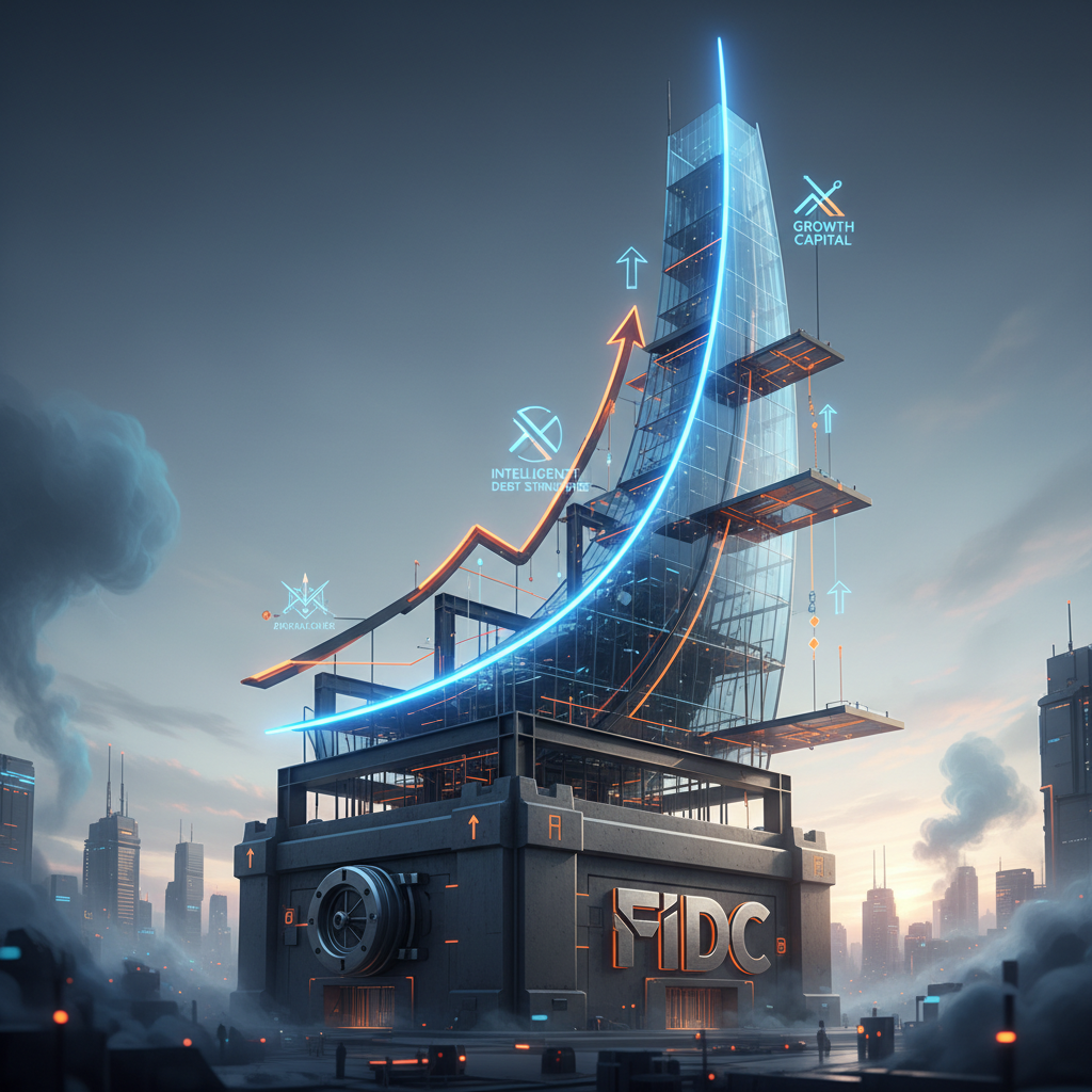 Imagem conceitual que funde a imagem de um gráfico de crescimento exponencial (típico de startups) com a estrutura arquitetônica de um FIDC. A estética deve ser sofisticada e dinâmica, com tons de azul cobalto, grafite e detalhes em laranja, simbolizando a fusão do capital de crescimento com a estrutura de dívida inteligente.