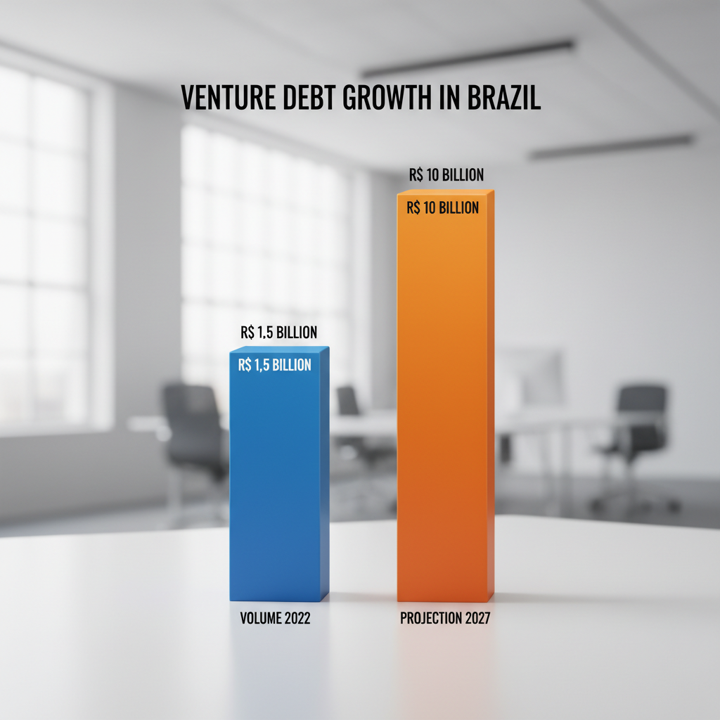 Gráfico de barras vertical, claro e profissional, intitulado Crescimento do Venture Debt no Brasil. Deve ter duas barras: a primeira, Volume 2022, com o valor R$ 1,5 Bilhão; a segunda, Projeção 2027, com o valor R$ 10 Bilhões. A barra de projeção deve ser significativamente maior e ter uma cor de destaque (ex: laranja).