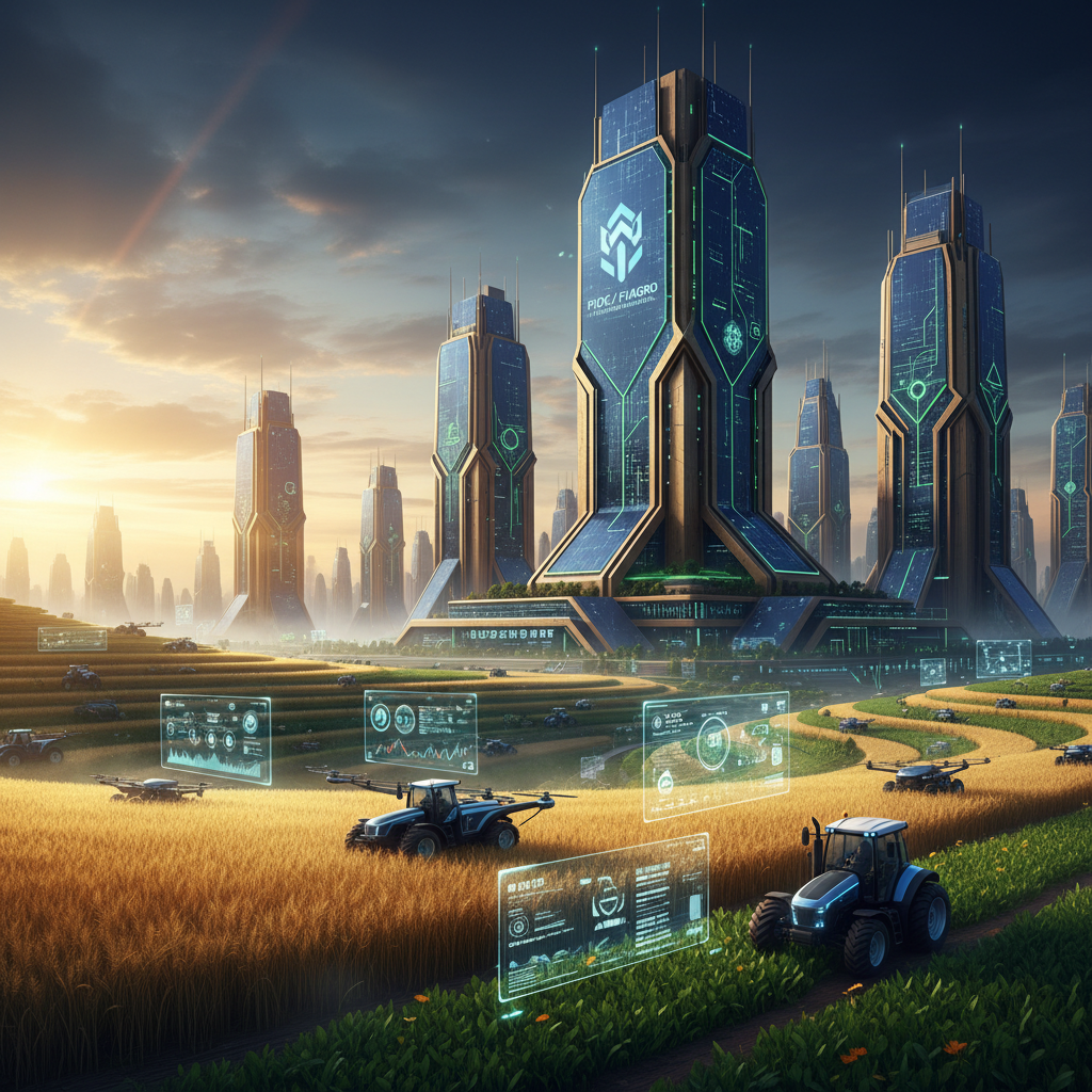 Imagem conceitual que funde a imagem de um campo agrícola moderno e tecnológico (com drones e tratores autônomos) com a estrutura arquitetônica de um FIDC/Fiagro. A estética deve ser sofisticada e vibrante, com tons de verde, dourado e azul, simbolizando a fusão da alta tecnologia no campo com o mercado de capitais.