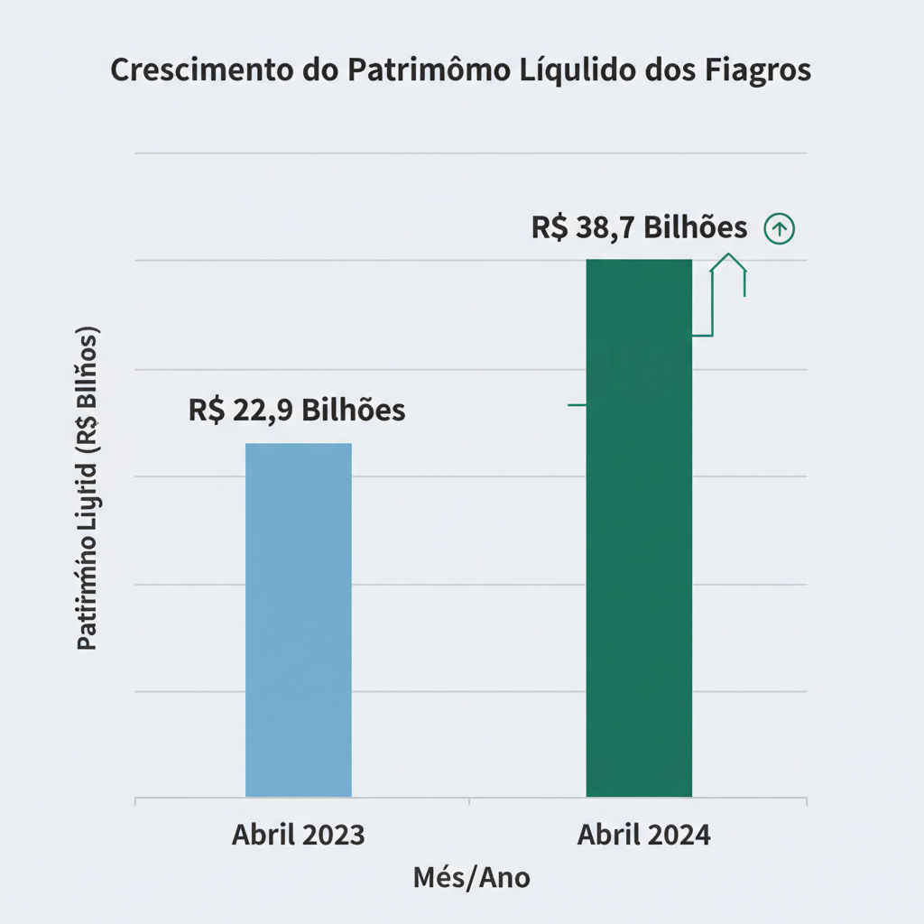 Gráfico de barras vertical, claro e profissional, intitulado Crescimento do Patrimônio Líquido dos Fiagros. Deve ter duas barras: a primeira, Abril 2023, com o valor R$ 22,9 Bilhões; a segunda, Abril 2024, com o valor R$ 38,7 Bilhões. A barra de 2024 deve ser significativamente maior e ter uma cor de destaque (ex: verde escuro).