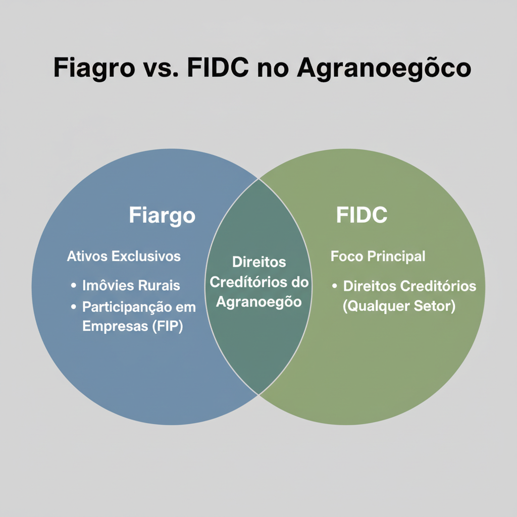 Diagrama de Venn comparativo, intitulado Fiagro vs. FIDC no Agronegócio. O diagrama deve ter dois círculos que se sobrepõem. O círculo Fiagro deve listar seus ativos exclusivos: Imóveis Rurais, Participação em Empresas (FIP). O círculo FIDC deve mostrar que seu foco é Direitos Creditórios (Qualquer Setor). A área de interseção deve conter Direitos Creditórios do Agronegócio, mostrando que ambos os veículos podem investir neste ativo.