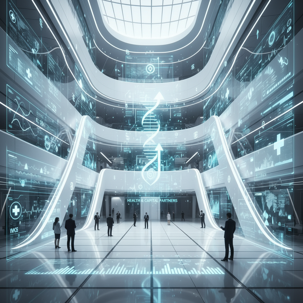 Imagem conceitual que funde a imagem de uma interface médica digital (com dados de pacientes e gráficos de saúde) com a estrutura arquitetônica de um FIDC. A estética deve ser limpa, futurista e inspirar confiança, com tons de azul claro, branco e verde-água, simbolizando a fusão da tecnologia em saúde com a liquidez do mercado financeiro.