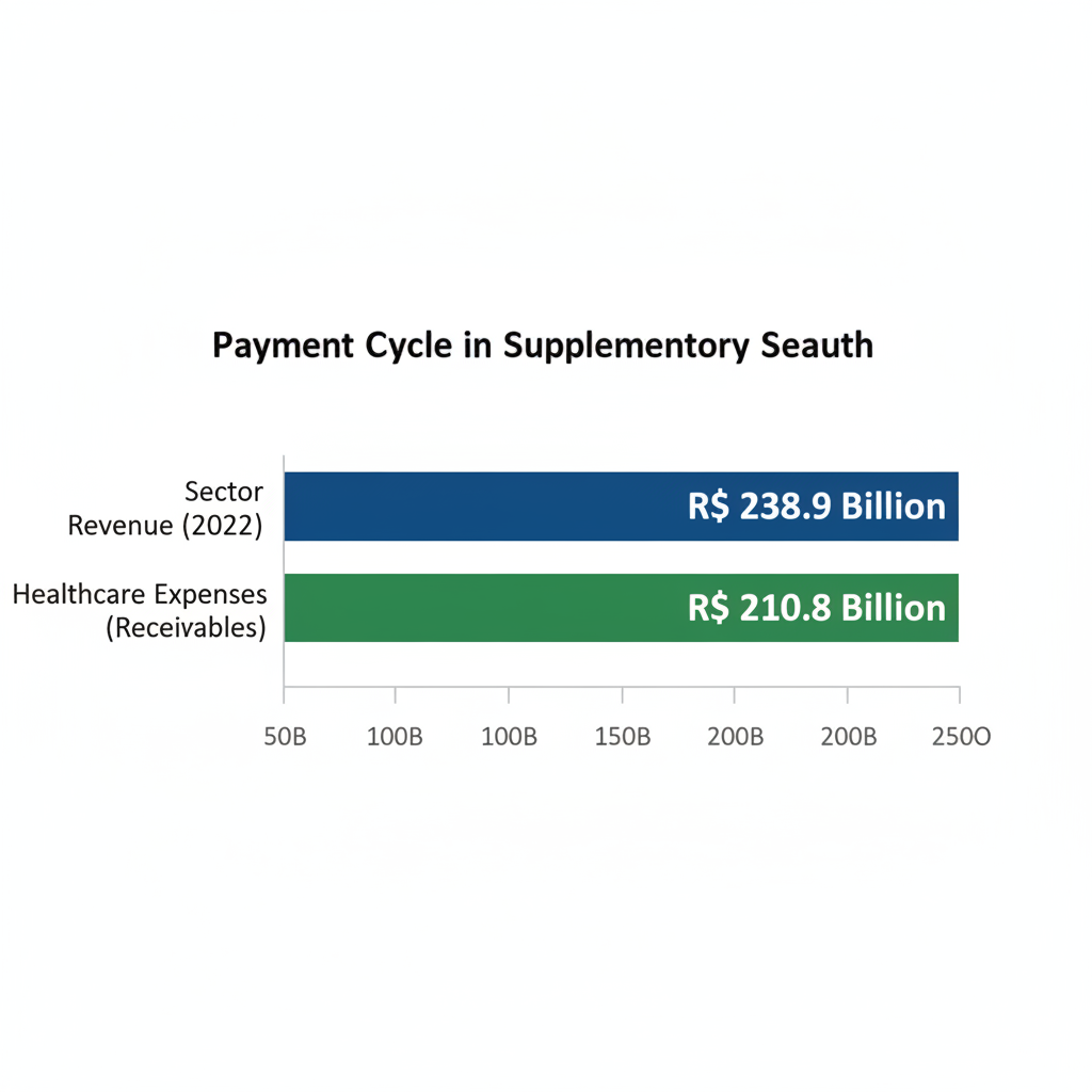 Gráfico de barras horizontal, claro e profissional, intitulado Ciclo de Pagamentos na Saúde Suplementar. Deve ter duas barras: a primeira, Receita do Setor (2022), com o valor R$ 238,9 Bilhões; a segunda, Despesas Assistenciais (Recebíveis), com o valor R$ 210,8 Bilhões. Cada barra deve ter uma cor distinta e os valores claramente rotulados.
