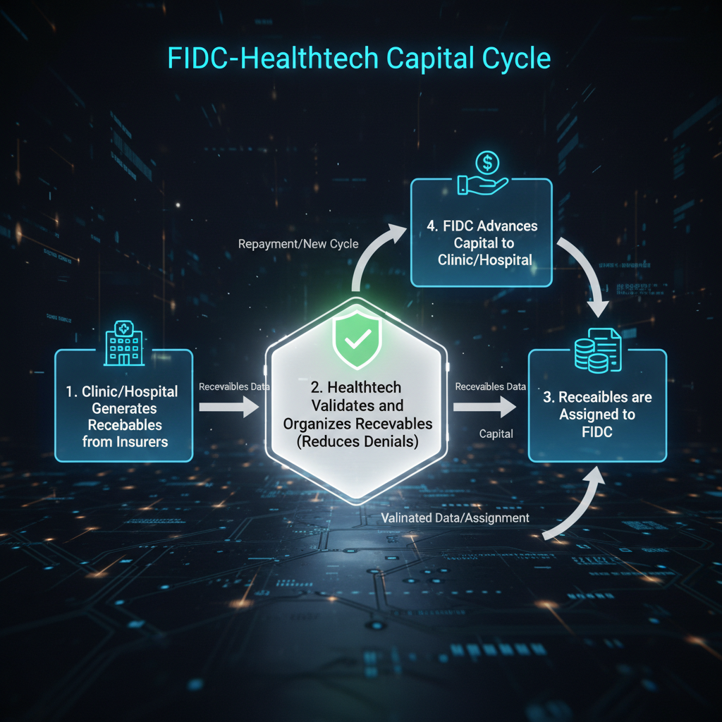 Diagrama de fluxo (flowchart) elegante e autoexplicativo, intitulado Ciclo de Capital do FIDC-Healthtech. O diagrama deve mostrar as seguintes etapas: 1. Clínica/Hospital Gera Recebíveis de Convênios -> 2. Healthtech Valida e Organiza Recebíveis (Reduz Glosas) -> 3. Recebíveis são Cedidos ao FIDC -> 4. FIDC Antecipa Capital para Clínica/Hospital. O passo 2 deve ter um destaque visual, talvez com um ícone de check ou escudo, simbolizando a segurança e validação.