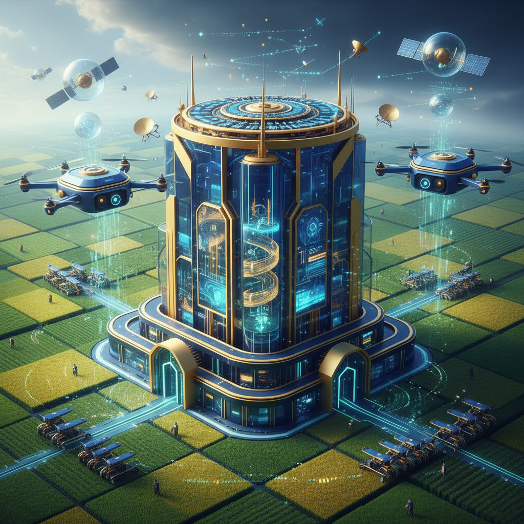 Imagem conceitual que funde a imagem de um campo agrícola sendo monitorado por drones e satélites com a estrutura arquitetônica de um FIDC. A estética deve ser futurista e sofisticada, com tons de verde, azul e dourado, simbolizando a fusão da agricultura de precisão com o mercado de capitais.