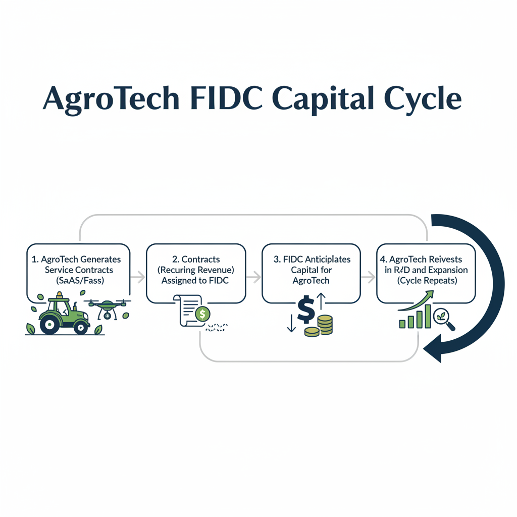 Diagrama de fluxo (flowchart) elegante e autoexplicativo, intitulado Ciclo de Capital do FIDC-AgroTech. O diagrama deve mostrar as seguintes etapas: 1. AgroTech Gera Contratos de Serviço (SaaS/FaaS) -> 2. Contratos (Receita Recorrente) são Cedidos ao FIDC -> 3. FIDC Antecipa Capital para a AgroTech -> 4. AgroTech Reinveste em P&D e Expansão (Ciclo Reinicia). Usar ícones simples para cada etapa (ex: trator/drone, contrato/cifrão, gráfico de crescimento).