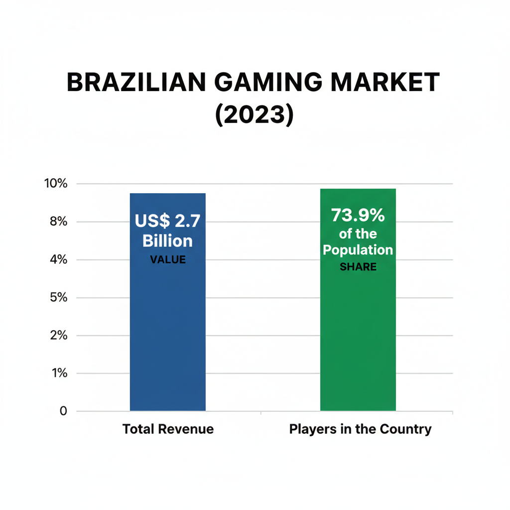 Gráfico de barras vertical, claro e profissional, intitulado Mercado de Games no Brasil (2023). Deve ter duas barras: a primeira, Receita Total, com o valor US$ 2,7 Bilhões; a segunda, Jogadores no País, com o valor 73,9% da População. Cada barra deve ter uma cor distinta e os valores claramente rotulados.