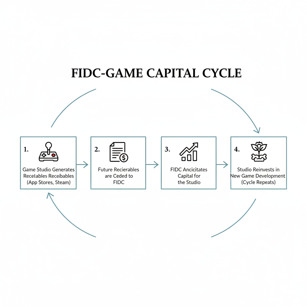 Diagrama de fluxo (flowchart) elegante e autoexplicativo, intitulado Ciclo de Capital do FIDC-Game. O diagrama deve mostrar as seguintes etapas: 1. Estúdio de Game Gera Recebíveis (Lojas de Apps, Steam) -> 2. Recebíveis Futuros são Cedidos ao FIDC -> 3. FIDC Antecipa Capital para o Estúdio -> 4. Estúdio Reinveste no Desenvolvimento de Novos Jogos (Ciclo Reinicia). Usar ícones simples para cada etapa (ex: joystick, contrato/cifrão, gráfico de crescimento).