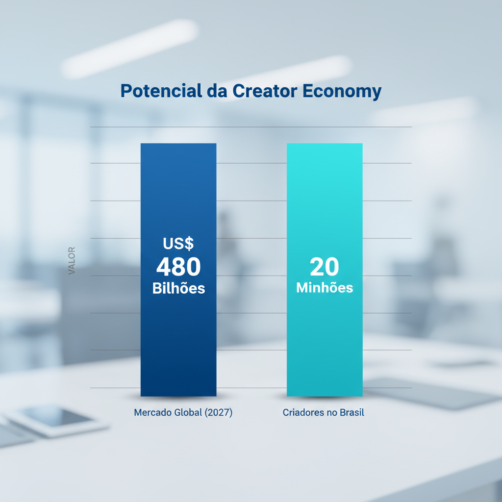 Gráfico de barras vertical, claro e profissional, intitulado Potencial da Creator Economy. Deve ter duas barras: a primeira, Mercado Global (2027), com o valor US$ 480 Bilhões; a segunda, Criadores no Brasil, com o valor 20 Milhões. Cada barra deve ter uma cor distinta e os valores claramente rotulados.