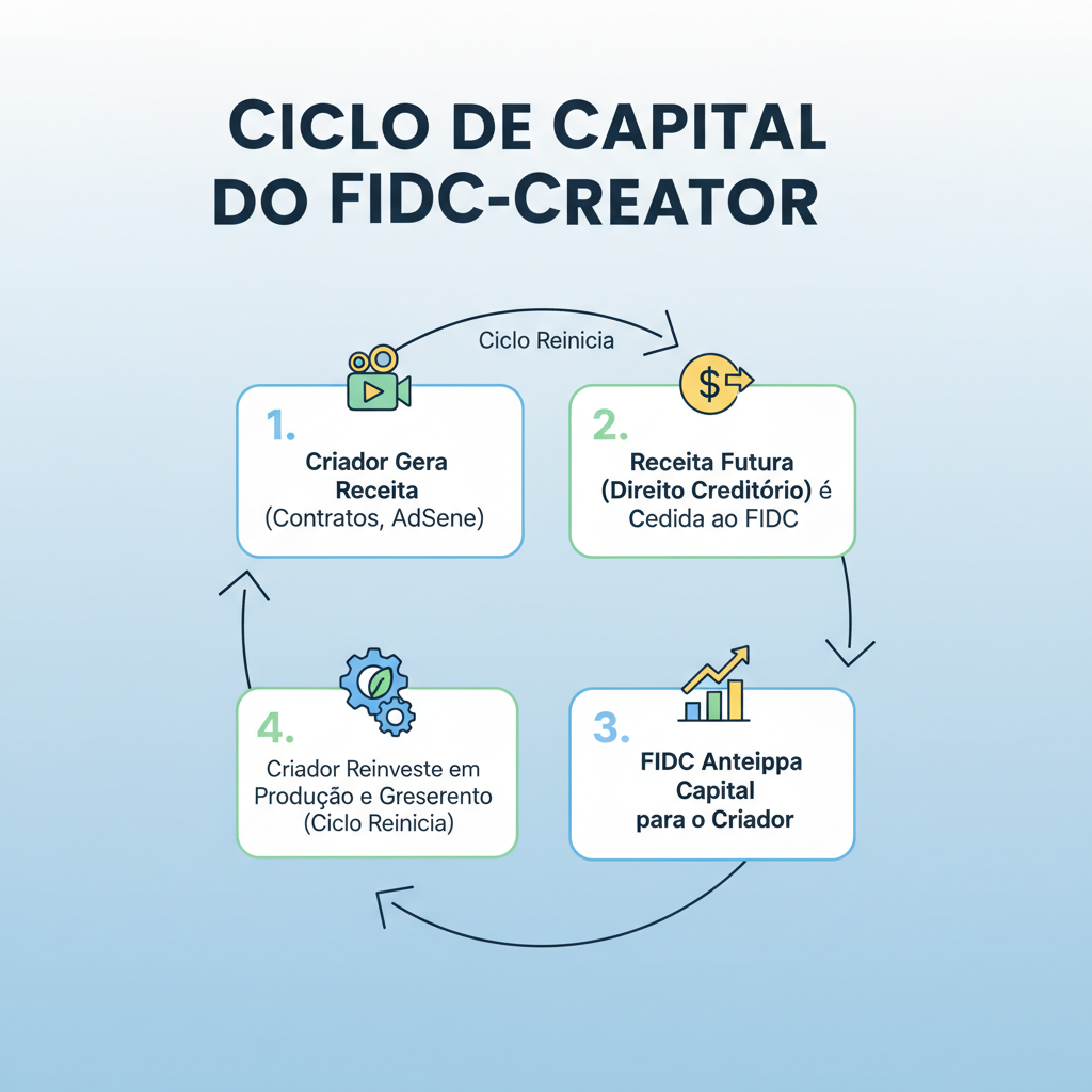 Diagrama de fluxo (flowchart) elegante e autoexplicativo, intitulado Ciclo de Capital do FIDC-Creator. O diagrama deve mostrar as seguintes etapas: 1. Criador Gera Receita (Contratos, AdSense) -> 2. Receita Futura (Direito Creditório) é Cedida ao FIDC -> 3. FIDC Antecipa Capital para o Criador -> 4. Criador Reinveste em Produção e Crescimento (Ciclo Reinicia). Usar ícones simples para cada etapa (ex: ícone de câmera/vídeo, contrato/cifrão, gráfico de crescimento).
