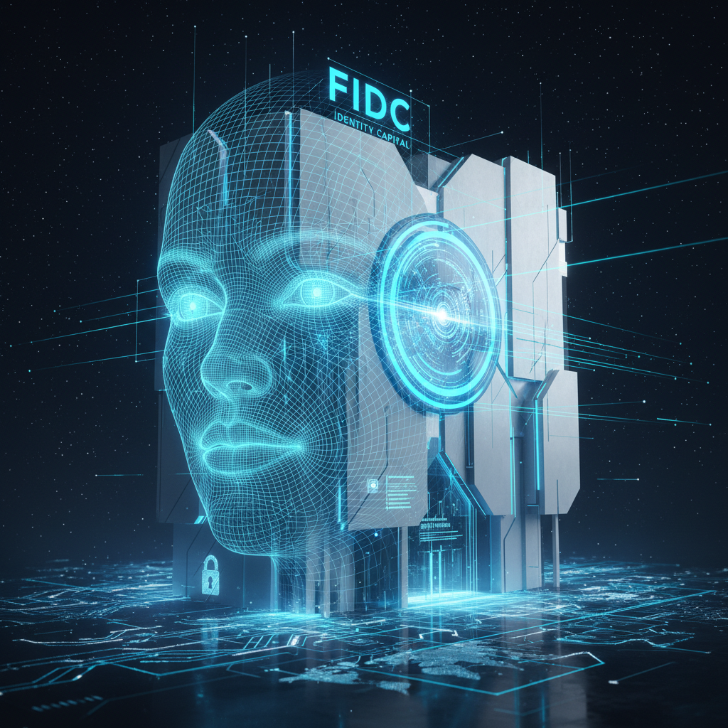 Imagem conceitual que funde a imagem de uma varredura biométrica facial com a estrutura arquitetônica de um FIDC. A estética deve ser futurista, segura e tecnológica, com tons de azul, branco e ciano, simbolizando a fusão da tecnologia de identidade com o mercado de capitais.