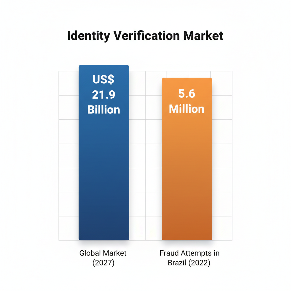 Gráfico de barras vertical, claro e profissional, intitulado Mercado de Verificação de Identidade. Deve ter duas barras: a primeira, Mercado Global (2027), com o valor US$ 21,9 Bilhões; a segunda, Tentativas de Fraude no Brasil (2022), com o valor 5,6 Milhões. Cada barra deve ter uma cor distinta e os valores claramente rotulados.