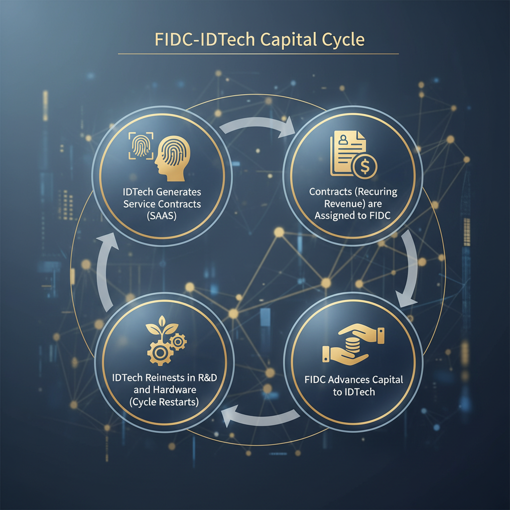 Diagrama de fluxo (flowchart) elegante e autoexplicativo, intitulado Ciclo de Capital do FIDC-IDTech. O diagrama deve mostrar as seguintes etapas: 1. IDTech Gera Contratos de Serviço (SaaS) -> 2. Contratos (Receita Recorrente) são Cedidos ao FIDC -> 3. FIDC Antecipa Capital para a IDTech -> 4. IDTech Reinveste em P&D e Hardware (Ciclo Reinicia). Usar ícones simples para cada etapa (ex: ícone de biometria/ID, contrato/cifrão, gráfico de crescimento).