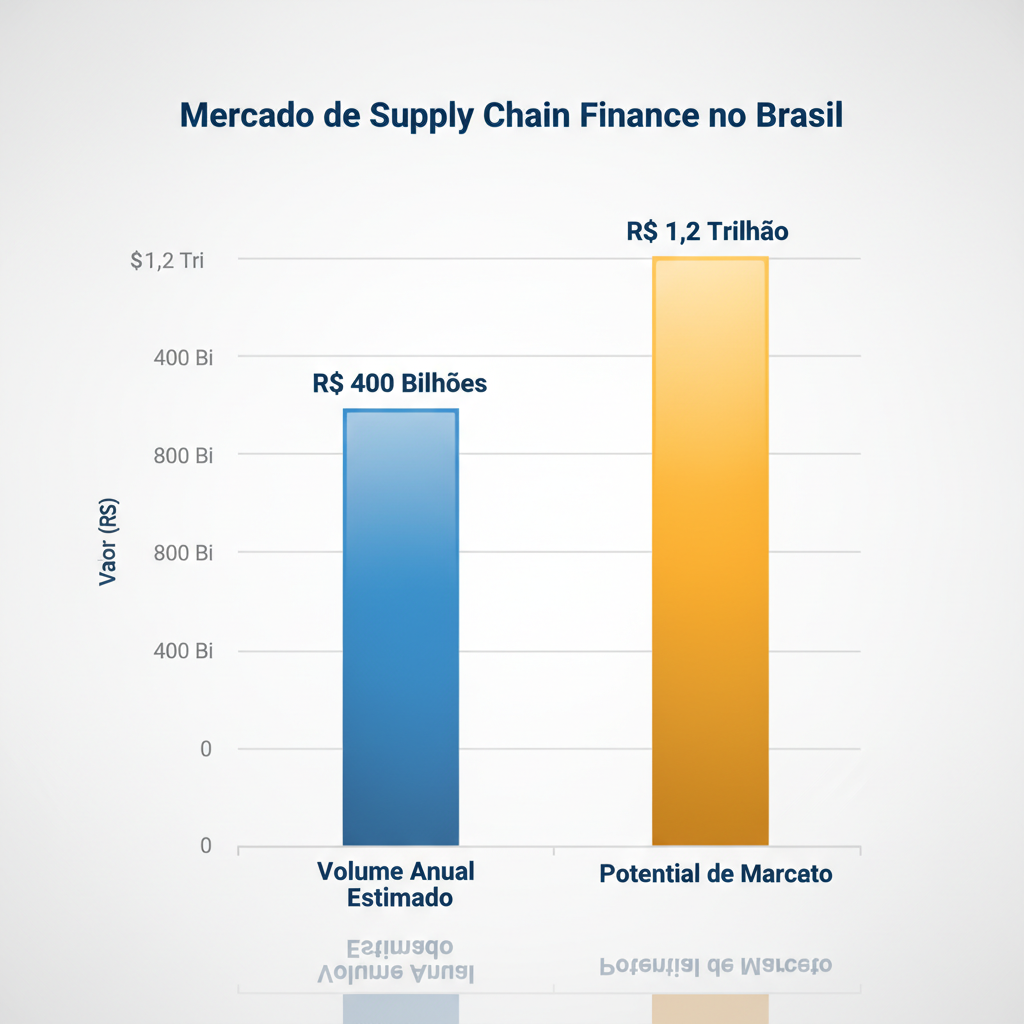 Gráfico de barras vertical, claro e profissional, intitulado Mercado de Supply Chain Finance no Brasil. Deve ter duas barras: a primeira, Volume Anual Estimado, com o valor R$ 400 Bilhões; a segunda, Potencial de Mercado, com o valor R$ 1,2 Trilhão. A barra de potencial deve ser significativamente maior e ter uma cor de destaque.