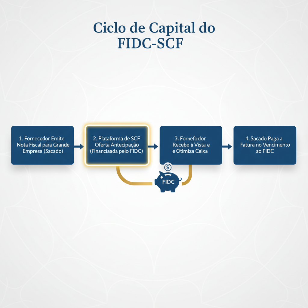 Diagrama de fluxo (flowchart) elegante e autoexplicativo, intitulado Ciclo de Capital do FIDC-SCF. O diagrama deve mostrar as seguintes etapas: 1. Fornecedor Emite Nota Fiscal para Grande Empresa (Sacado) -> 2. Plataforma de SCF Oferta Antecipação (Financiada pelo FIDC) -> 3. Fornecedor Recebe à Vista e Otimiza Caixa -> 4. Sacado Paga a Fatura no Vencimento ao FIDC. O passo 2 deve ter um destaque, mostrando a conexão entre a plataforma e o FIDC.