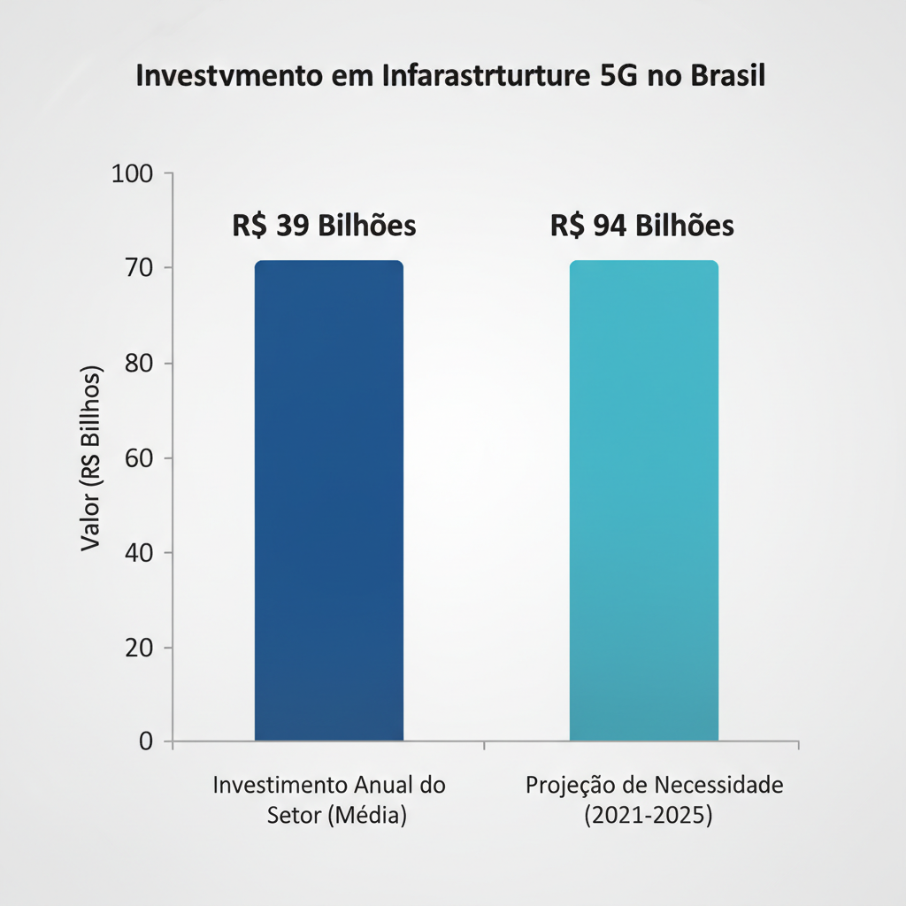 Gráfico de barras vertical, claro e profissional, intitulado Investimento em Infraestrutura 5G no Brasil. Deve ter duas barras: a primeira, Investimento Anual do Setor (Média), com o valor R$ 39 Bilhões; a segunda, Projeção de Necessidade (2021-2025), com o valor R$ 94 Bilhões. Cada barra deve ter uma cor distinta e os valores claramente rotulados.