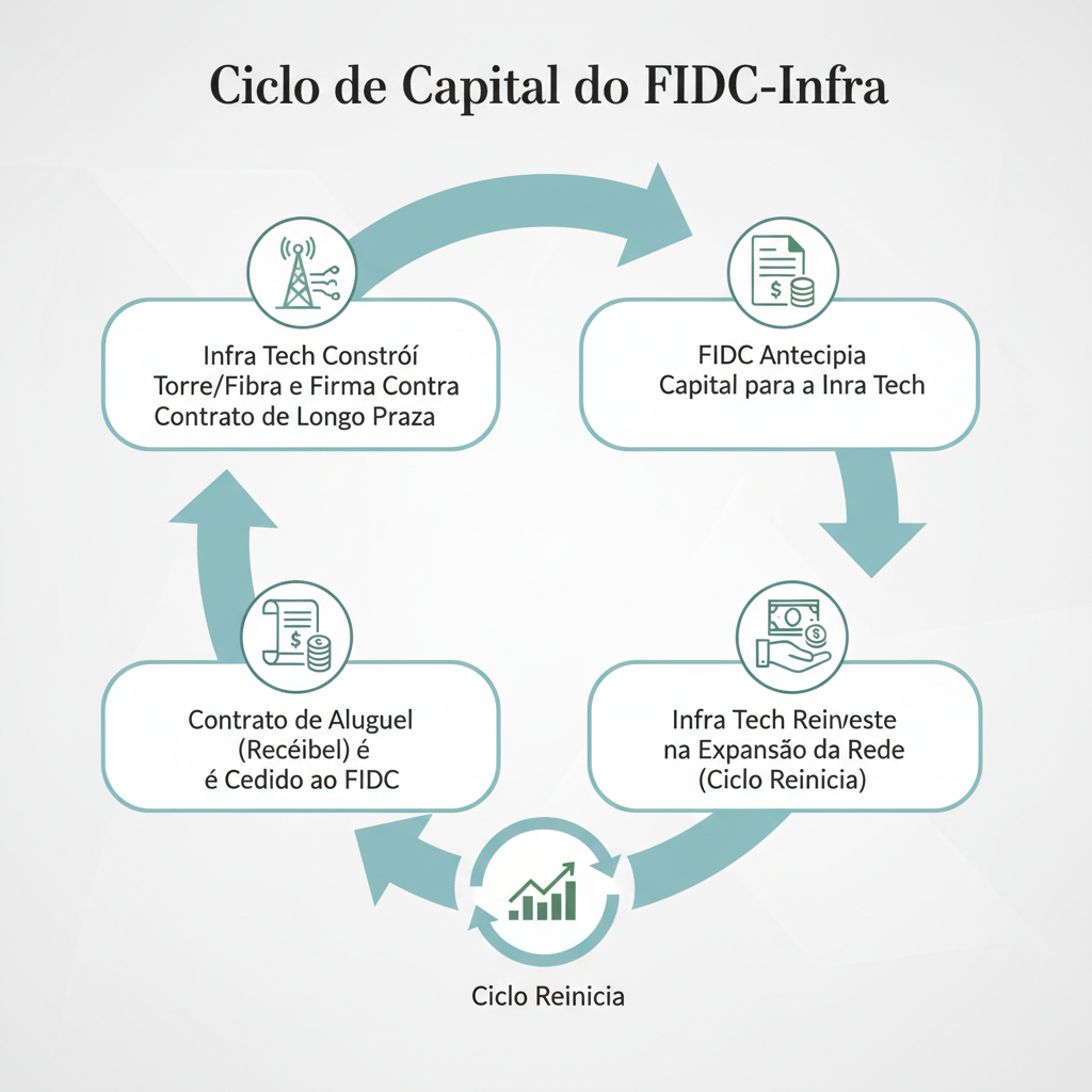 Diagrama de fluxo (flowchart) elegante e autoexplicativo, intitulado Ciclo de Capital do FIDC-Infra. O diagrama deve mostrar as seguintes etapas: 1. Infra Tech Constrói Torre/Fibra e Firma Contrato de Longo Prazo -> 2. Contrato de Aluguel (Recebível) é Cedido ao FIDC -> 3. FIDC Antecipa Capital para a Infra Tech -> 4. Infra Tech Reinveste na Expansão da Rede (Ciclo Reinicia). Usar ícones simples para cada etapa (ex: torre de celular, contrato/cifrão, gráfico de crescimento).