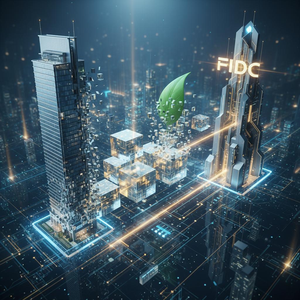 Imagem conceitual que funde a imagem de ativos do mundo real (um prédio representando imóveis, uma folha representando crédito de carbono) se transformando em blocos digitais de uma blockchain, que por sua vez se conectam à estrutura arquitetônica de um FIDC. A estética deve ser futurista e sofisticada, com tons de azul, dourado e branco, simbolizando a transformação de ativos físicos em ativos financeiros digitais.