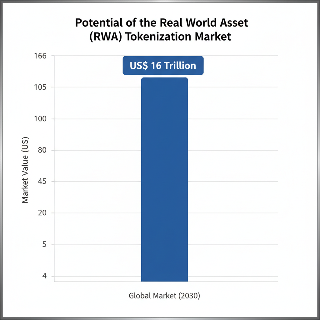 Gráfico de barras vertical, claro e profissional, intitulado Potencial do Mercado de Tokenização de Ativos (RWA). Deve ter uma única barra proeminente, Mercado Global (2030), com o valor US$ 16 Trilhões. A barra deve ter uma cor forte, como dourado ou azul royal, para denotar grande valor.