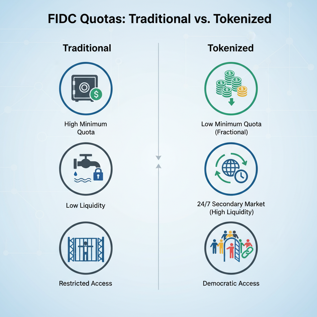 Diagrama comparativo lado a lado, intitulado Cotas de FIDC: Tradicional vs. Tokenizado. O lado Tradicional deve ter ícones representando Alta Cota Mínima, Baixa Liquidez e Acesso Restrito. O lado Tokenizado deve ter ícones representando Baixa Cota Mínima (Fração), Mercado Secundário 24/7 (Alta Liquidez) e Acesso Democrático.