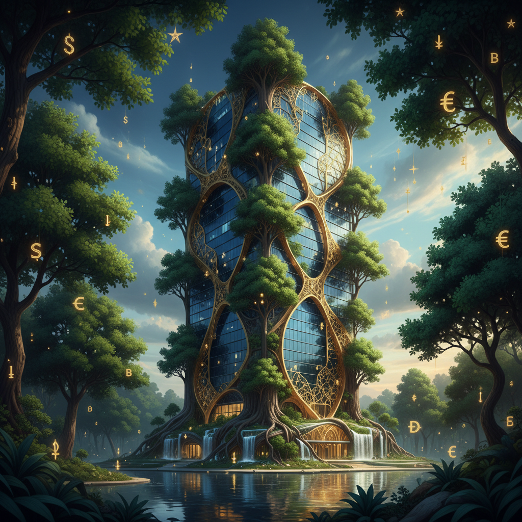 Imagem conceitual que funde a imagem de uma floresta densa e vibrante (representando projetos de REDD+) com a estrutura arquitetônica de um FIDC. A estética deve ser sofisticada e sustentável, com tons de verde esmeralda, azul profundo e elementos dourados, simbolizando a fusão do capital natural com o mercado financeiro.