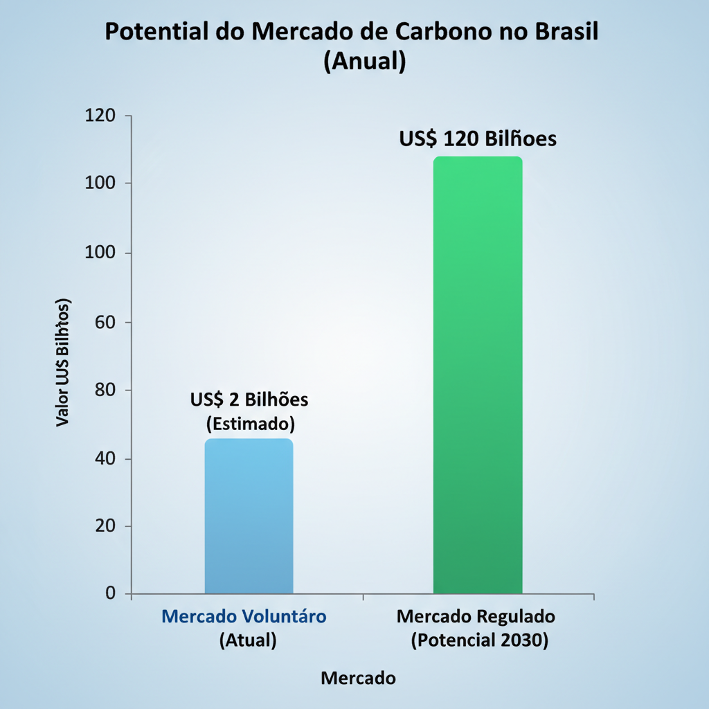 Gráfico de barras vertical, claro e profissional, intitulado Potencial do Mercado de Carbono no Brasil (Anual). Deve ter duas barras: a primeira, Mercado Voluntário (Atual), com o valor US$ 2 Bilhões (Estimado); a segunda, Mercado Regulado (Potencial 2030), com o valor US$ 120 Bilhões. A barra de potencial deve ser significativamente maior e ter uma cor de destaque.