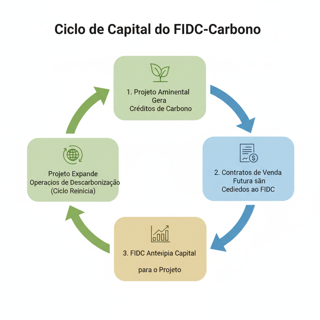 Diagrama de fluxo (flowchart) elegante e autoexplicativo, intitulado Ciclo de Capital do FIDC-Carbono. O diagrama deve mostrar as seguintes etapas: 1. Projeto Ambiental Gera Créditos de Carbono -> 2. Contratos de Venda Futura são Cedidos ao FIDC -> 3. FIDC Antecipa Capital para o Projeto -> 4. Projeto Expande Operações de Descarbonização (Ciclo Reinicia). Usar ícones simples para cada etapa (ex: folha/árvore, contrato/cifrão, gráfico de crescimento).
