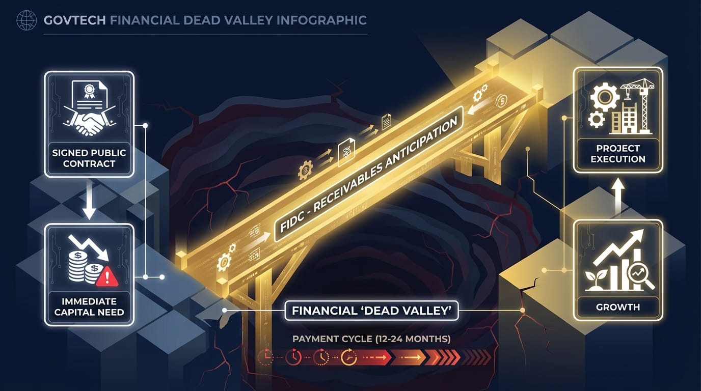 Infográfico ilustrando como o FIDC atua como uma ponte sobre o 'vale da morte' financeiro das GovTechs, conectando o contrato assinado à execução do projeto.