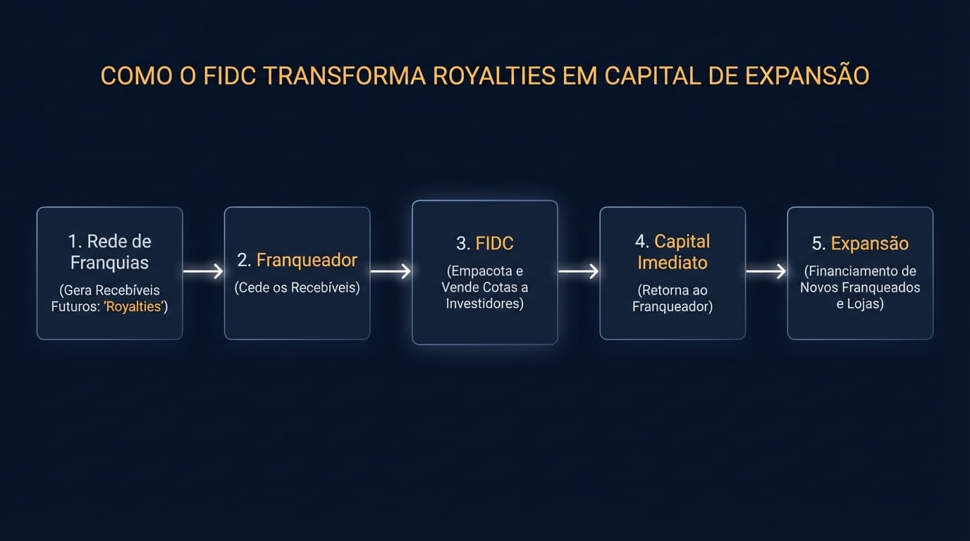 Fluxograma mostrando o processo de como o FIDC transforma royalties futuros de uma rede de franquias em capital imediato para expansão.