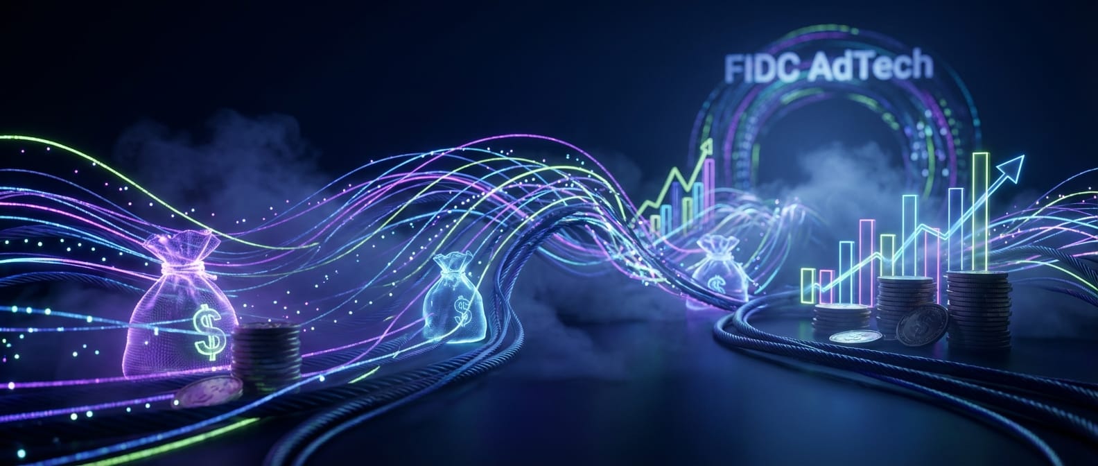 Imagem conceitual de AdTech representando o fluxo de dados da mídia programática se transformando em capital, com o título FIDC AdTech.
