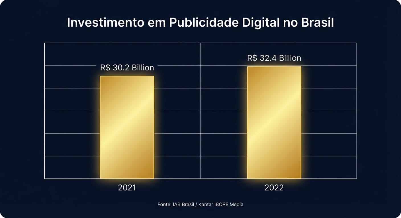 Gráfico de barras mostrando o crescimento do investimento em publicidade digital no Brasil de R$ 30,2 bilhões em 2021 para R$ 32,4 bilhões em 2022.