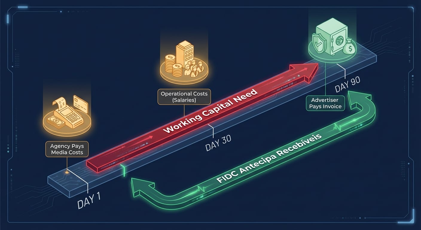Infográfico ilustrando o gap de fluxo de caixa na publicidade e como o FIDC antecipa os recebíveis para o início do ciclo.