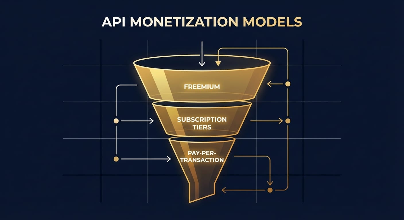 Gráfico de funil ilustrando os modelos de monetização de API, desde a atração com Freemium até a escala com Pay-per-Transaction.