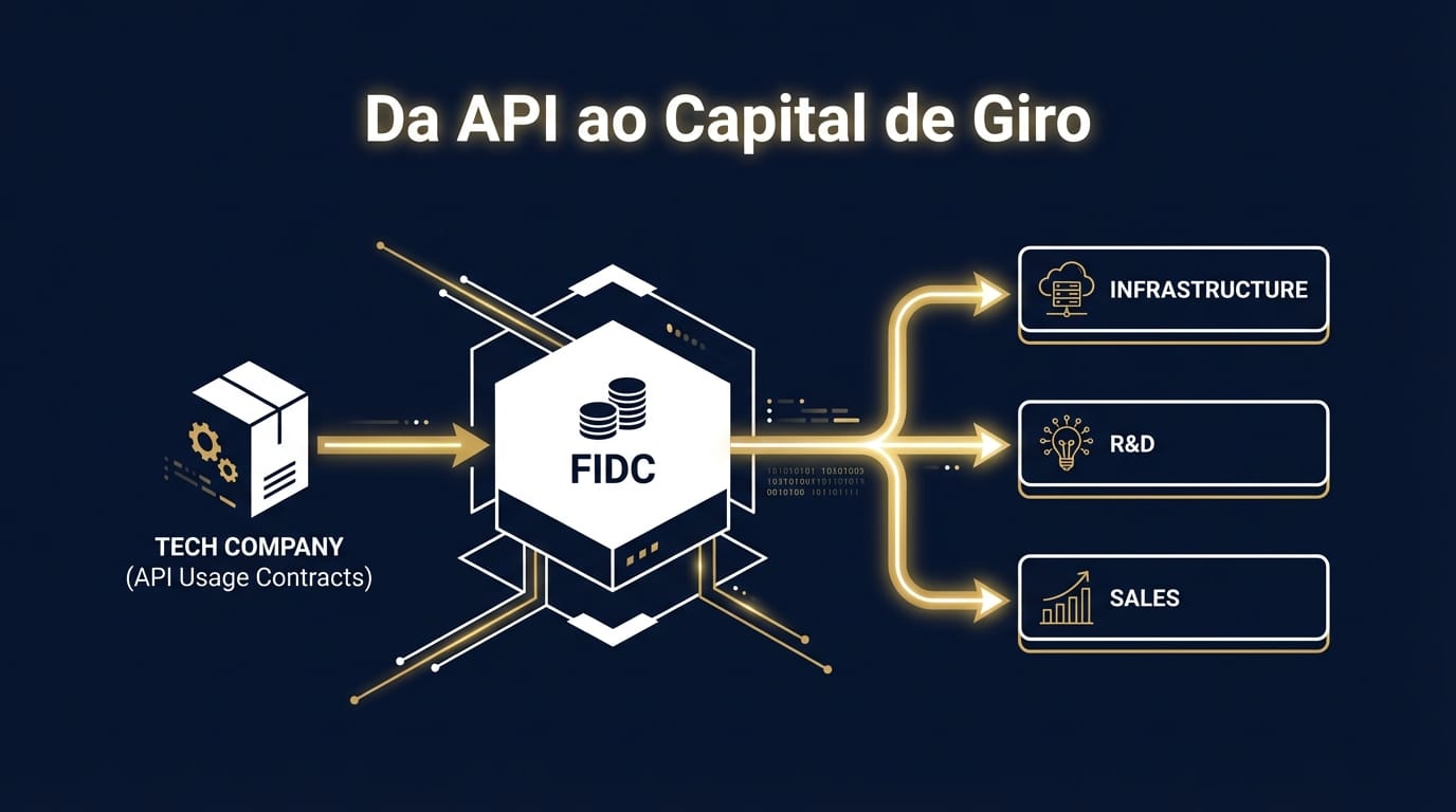 Fluxograma mostrando o processo de transformação da receita de API em capital de giro através da cessão para um FIDC e reinvestimento.