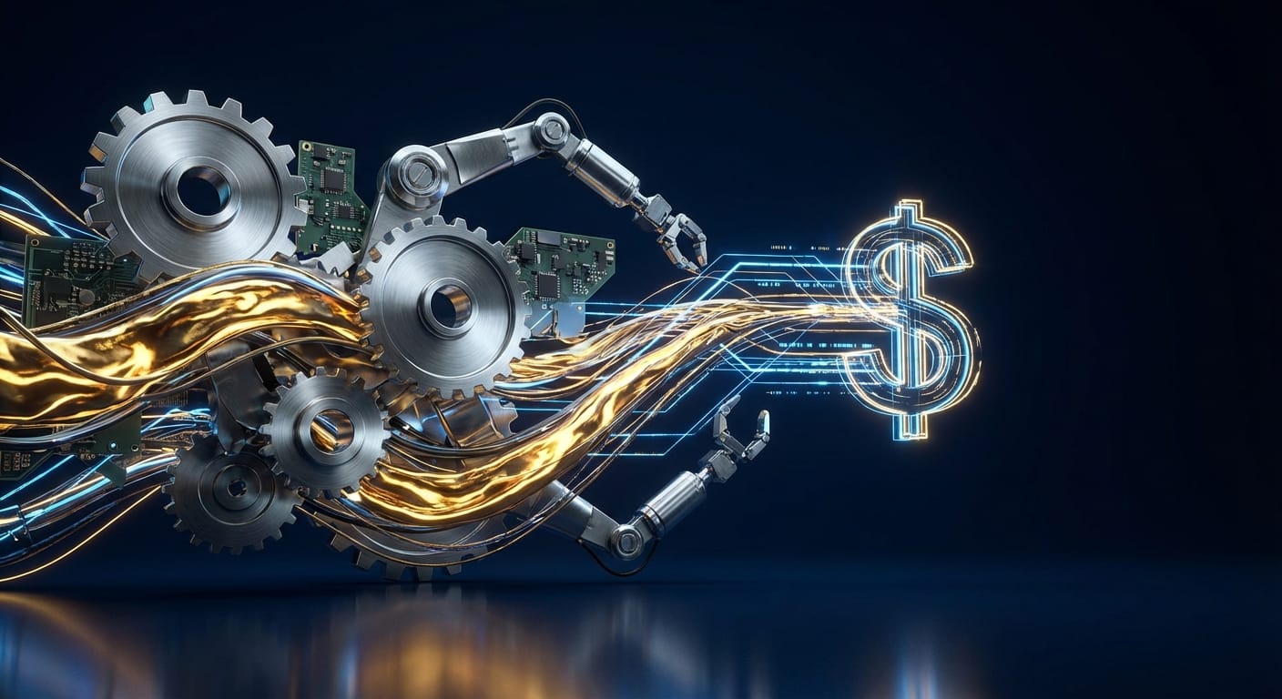 Imagem abstrata representando a Indústria 4.0 com fluxos de dados financeiros.