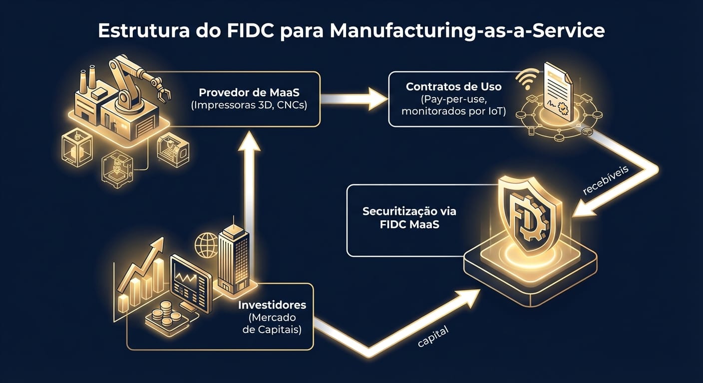 Diagrama da Estrutura do FIDC para Manufacturing-as-a-Service, mostrando o fluxo de capital e recebíveis.