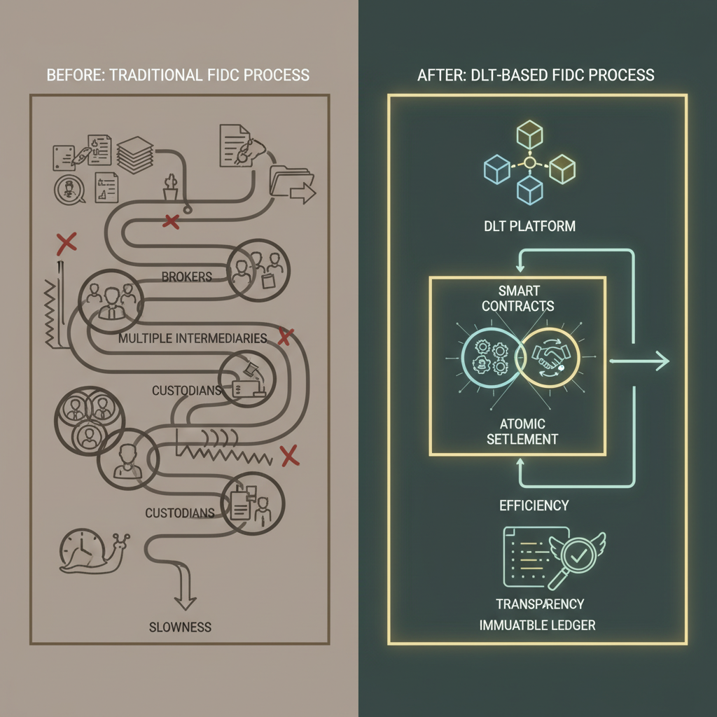 Fluxograma comparativo da operação de um FIDC antes e depois do Drex, mostrando a simplificação e eficiência. 
