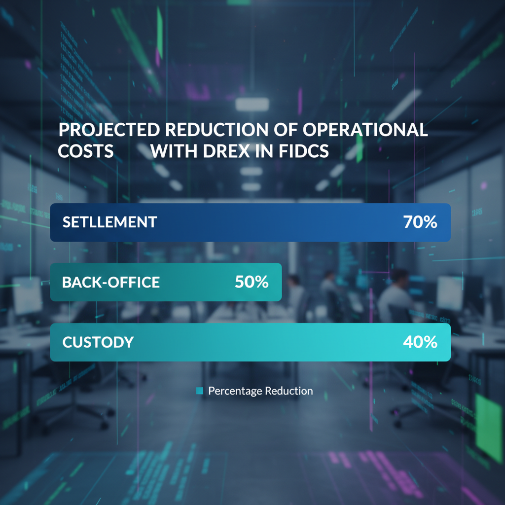 Gráfico de barras projetando a redução de custos operacionais em FIDCs com a implementação do Drex. 