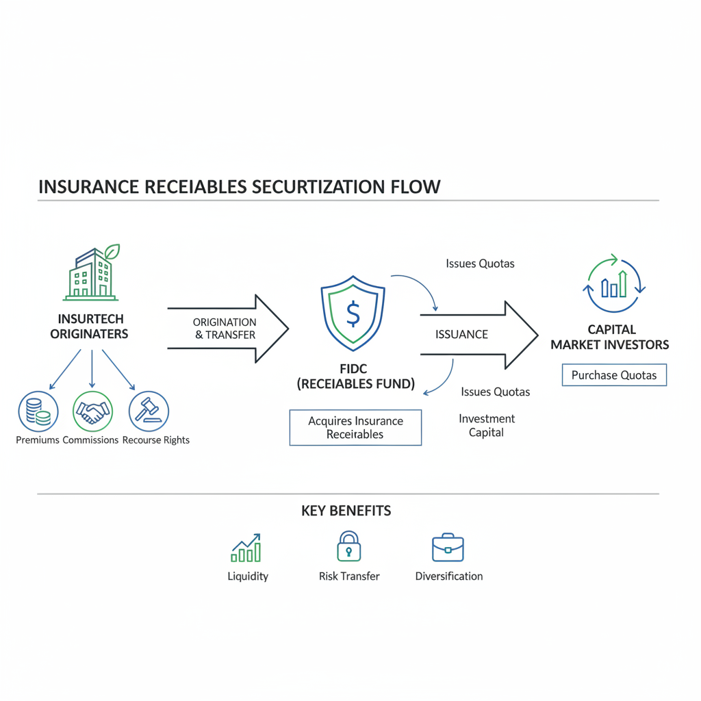 Diagrama de fluxo da estrutura de um FIDC-Insurtech, desde a origem do recebível até o investidor.