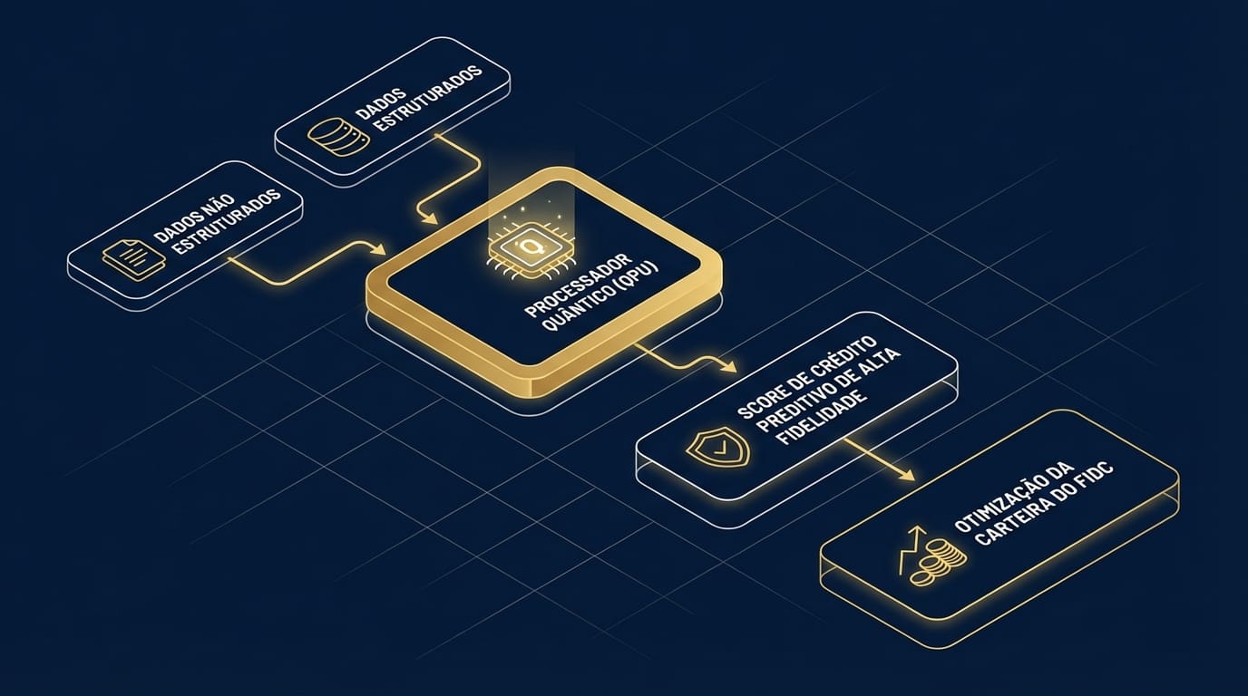 Diagrama de fluxo ilustrando como a computação quântica aprimora a análise de risco de crédito para um FIDC