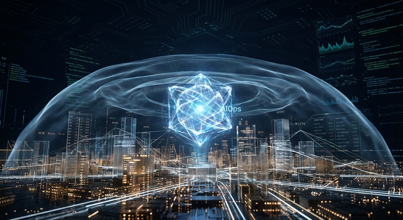 Núcleo de energia digital AIOps emitindo ondas de proteção sobre uma paisagem urbana de dados holográficos financeiros.