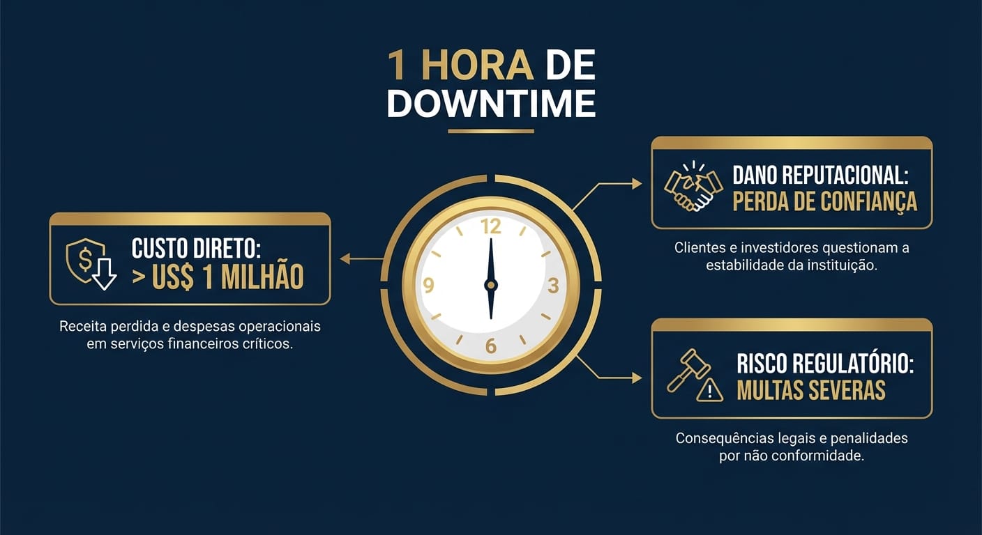 Infográfico quantificando o custo multifacetado de uma hora de downtime no setor financeiro.