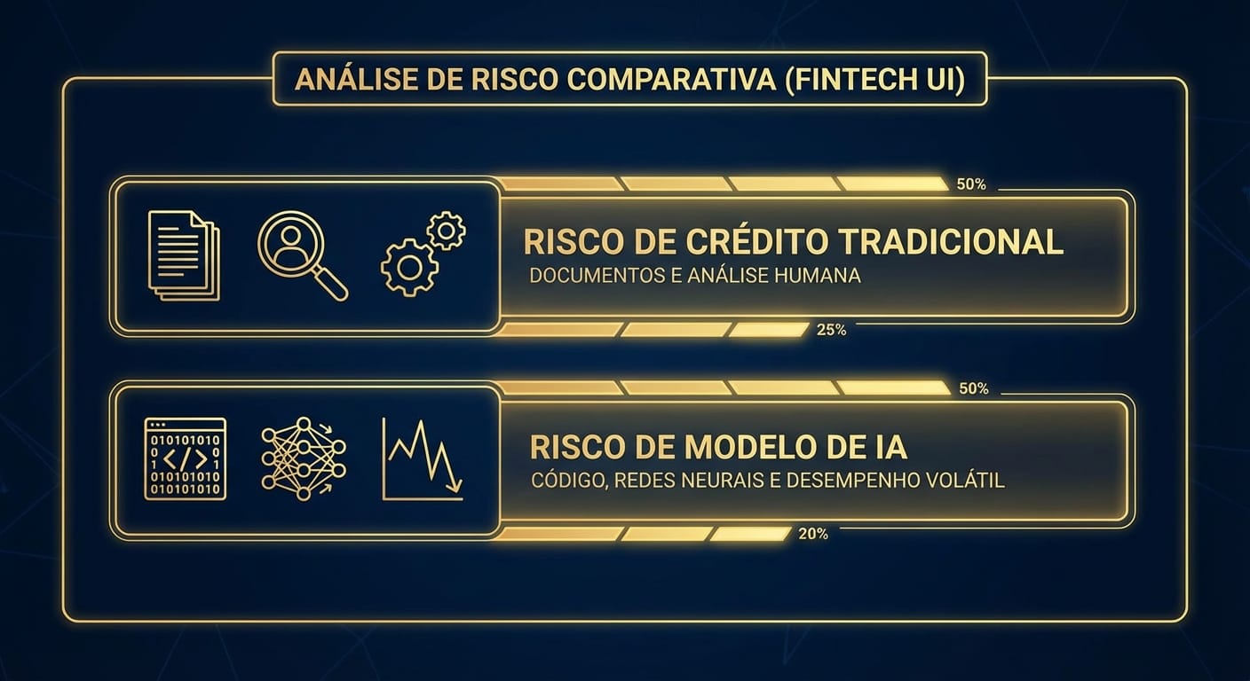 Comparativo visual entre a análise de risco de crédito tradicional e a análise de risco de modelo de IA.
