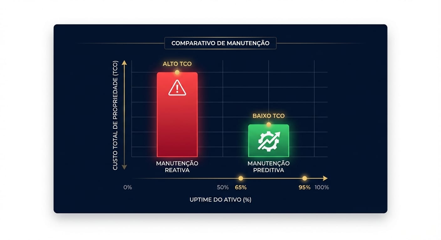 Gráfico de barras estilizado comparando o custo de 'Manutenção Reativa' vs. 'Manutenção Preditiva'