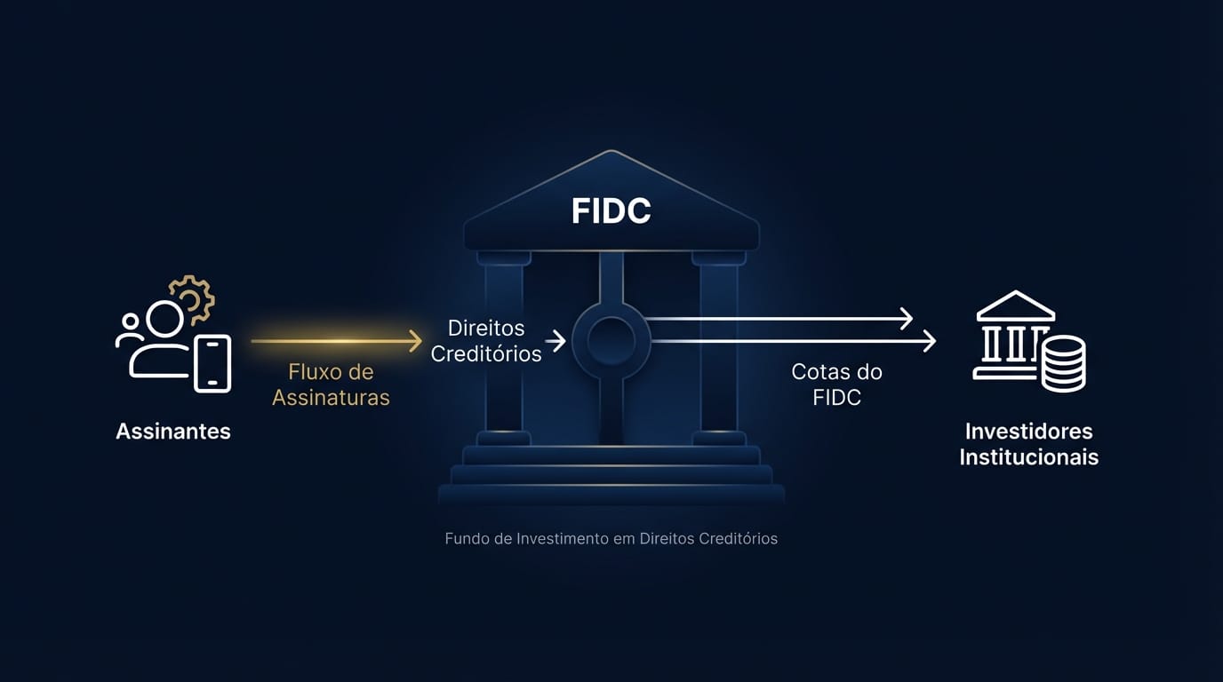 Diagrama ilustrando a estrutura de um FIDC para receitas de streaming. Ícones de assinantes geram um fluxo de pagamentos que alimenta uma entidade central 'FIDC', que por sua vez emite cotas (Sênior, Mezanino, Subordinada) para investidores institucionais. O gráfico possui rótulos claros como 'Fluxo de Assinaturas' e 'Direitos Creditórios'.