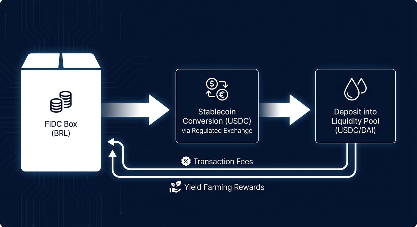 Diagrama de fluxo de dados de um FIDC alocando capital em um pool de liquidez DeFi